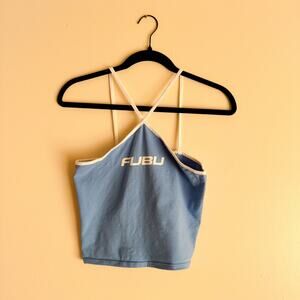 Forever 21 Blue + White Fubu Cropped Halter Tank Top - Medium